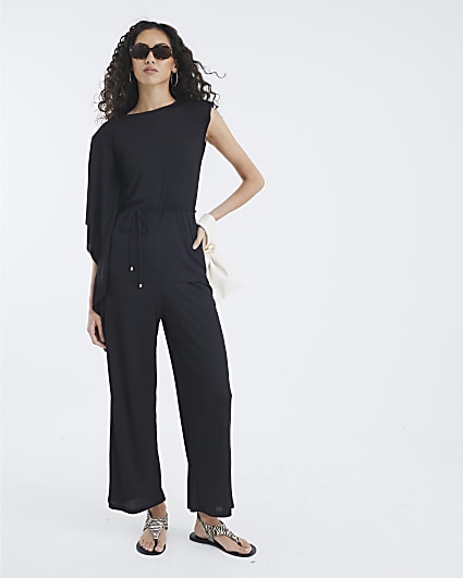 Black Ribbed Wide Leg Trousers