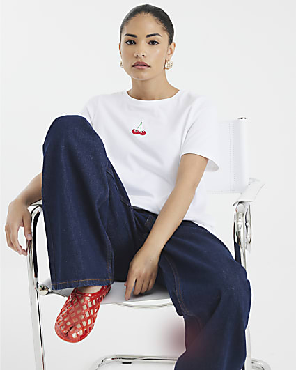 Petite White Embroidered Cherry T-Shirt