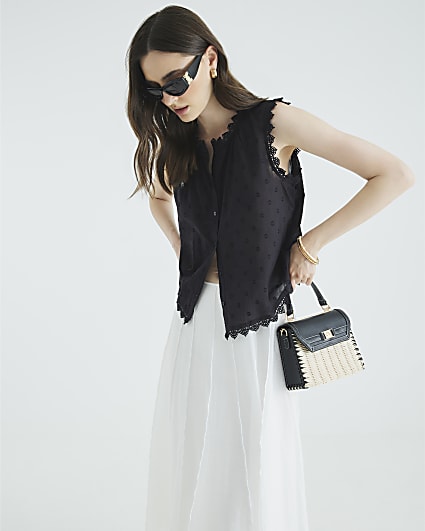 Black Sleeveless Broderie Blouse