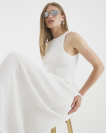 White Textured Sleeveless Shirred Midi Dress
