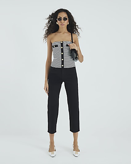 Black Striped Sleeveless Button Bandeau Top