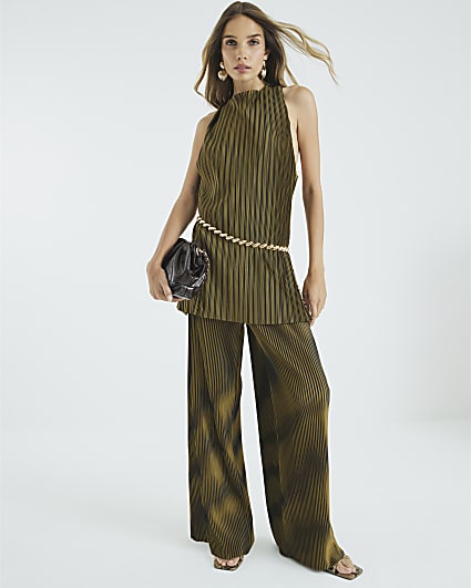 Green Plisse Wide Leg Trousers