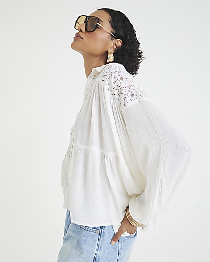 Cream Lace Mix Long Sleeve Shirt