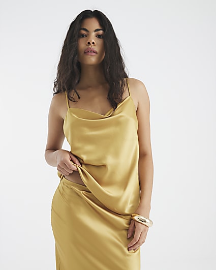 Gold Satin Cowl Neck Cami Top