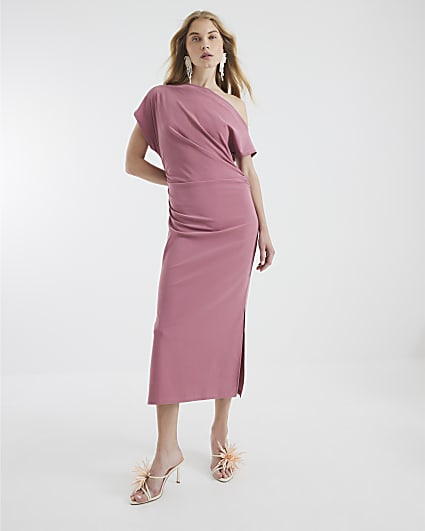 Pink Short Sleeve Ruched Midi Dress