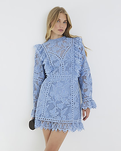 Blue Long Sleeve Lace Detail Mini Shift Dress