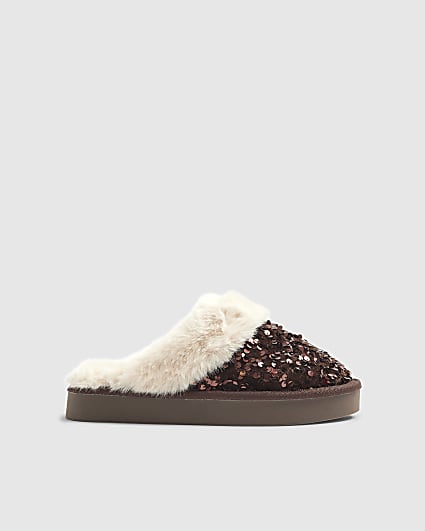 Brown Sequin Mule Slippers
