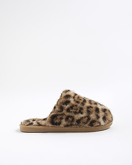 Brown Leopard Print Faux Fur Mule Slippers