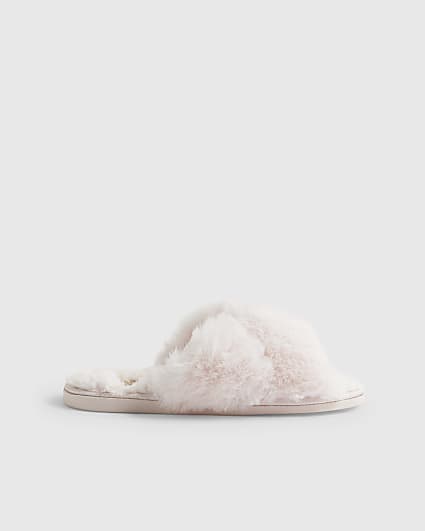 Pink Gingerbread Fur Cross Strap Slippers