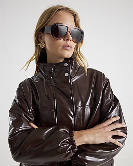 Red Faux Leather Funnel Neck Jacket