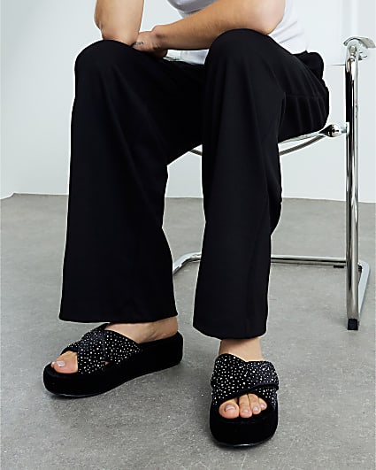 Black Velvet Diamante Platform Slippers