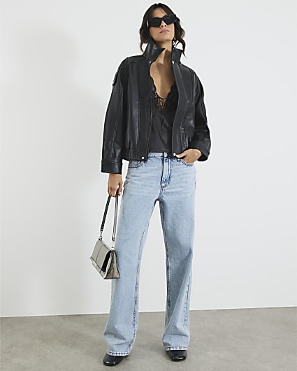 Black Faux Leather Funnel Neck Biker Jacket
