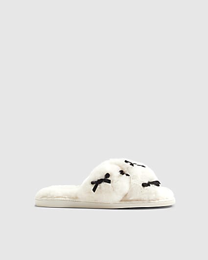 Cream Faux Fur Cross Strap Bow Slippers