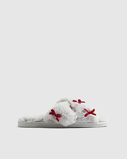 Grey Cross Strap With Bows Slippers