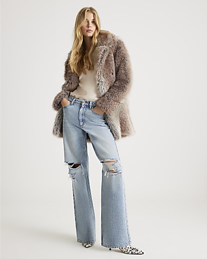 Brown Mid Length Faux Fur Coat