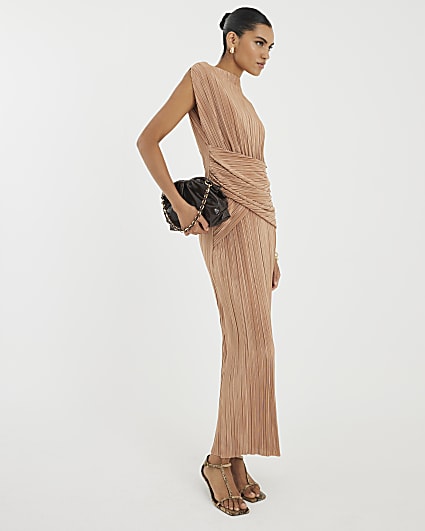 Beige Sleeveless Plisse Wrap Waist Midi Dress