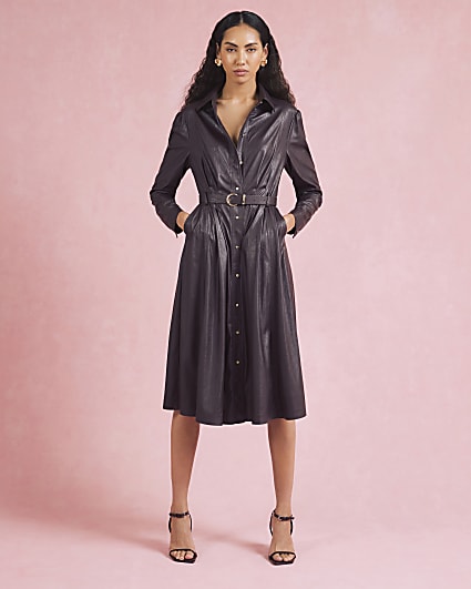 Red faux leather belted midi shirt dress