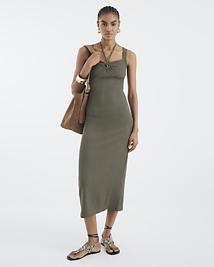 Green Ring Trim Textured Midi Dress