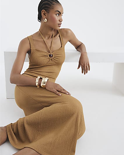 Orange Ring Trim Textured Midi Dress