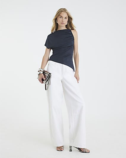 Navy Asymmetric Short Sleeve Drape Top