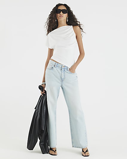 Cream Asymmetric Short Sleeve Drape Top