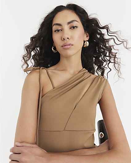 Beige Sleeveless Tie Shoulder Cut Out Top