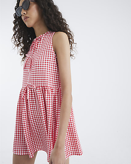 Red Gingham Sleeveless Tie Detail Mini Dress