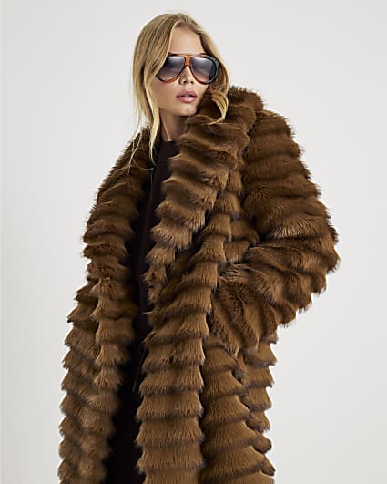 Brown Pelted Faux Fur Longline Coat