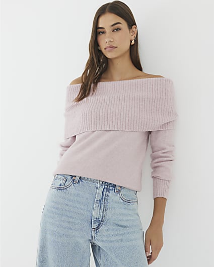 Pink Knitted Bardot Jumper