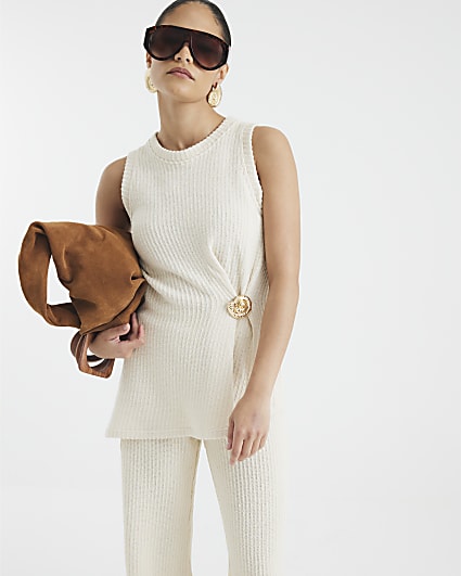 Petite Cream Textured Shell Trim Tunic Top