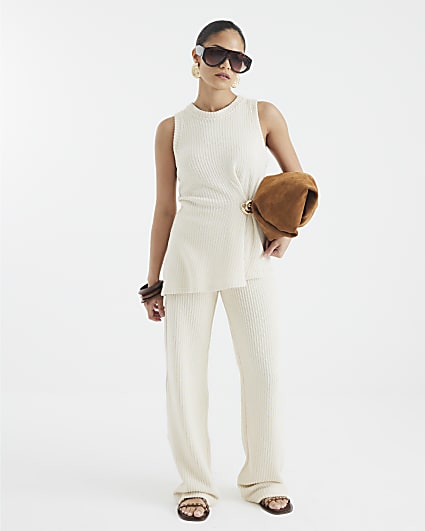 Petite Cream Textured Wide Leg Trousers