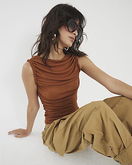 Brown Drape Ruched Shoulder Top