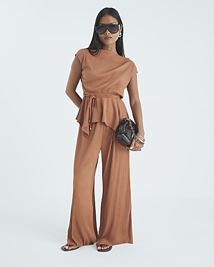 Petite Orange Wide Leg Plisse Trousers