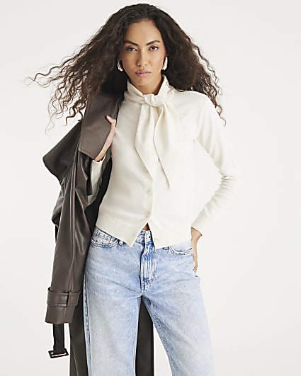 Cream Knitted Scarf Neck Cardigan
