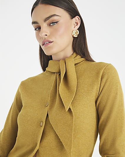 Khaki Scarf Neck Cardigan