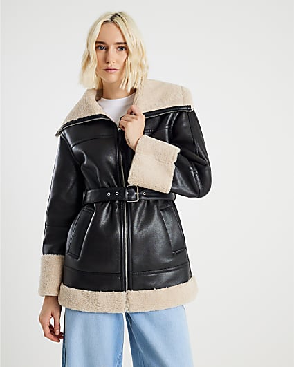 Black Faux Leather Belted Aviator Jacket