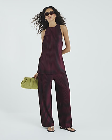 Red Plisse Wide Leg Trousers