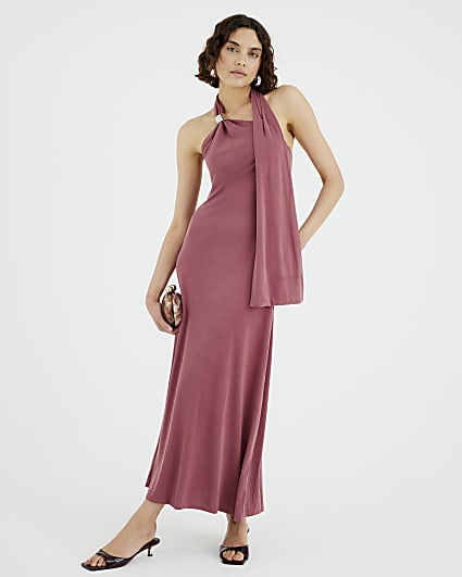 Red Sleeveless Scarf Neck Maxi Dress