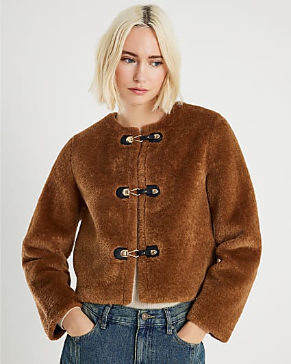 Brown Faux Fur Collarless Jacket