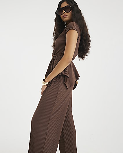 Brown Plisse Wide Leg Trousers