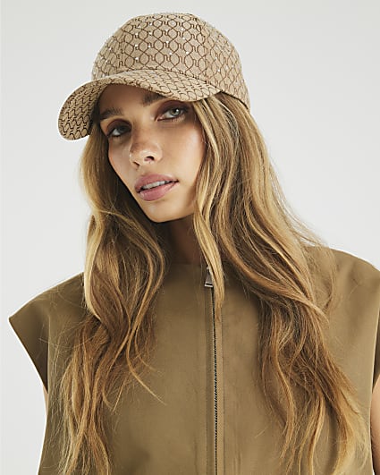 Brown Monogram Print Diamante Cap