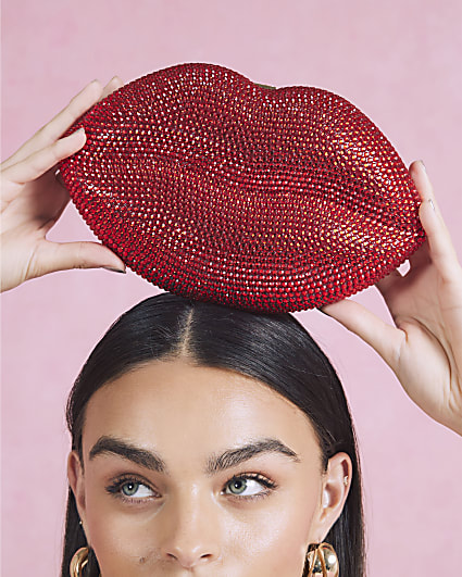 Red Diamante Lips Clutch Bag