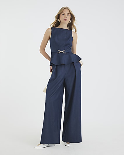 Blue Denim High Waisted Wide Leg Trousers