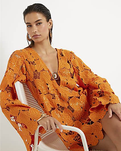 Orange Lace Shell Mini Beach Dress
