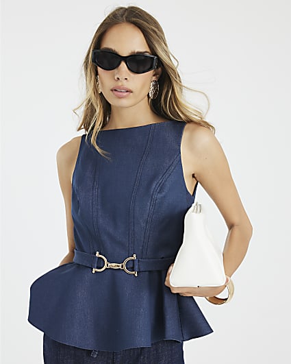 Blue Denim Sleeveless Belted Peplum Top