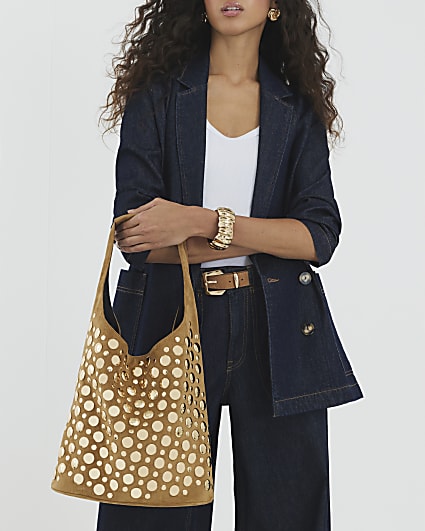 Brown Faux Suede Studded Bucket Shoulder Bag