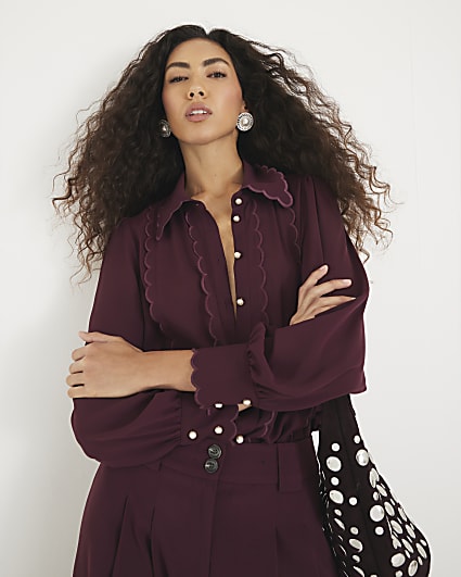 Red Scallop Trim Chiffon Shirt