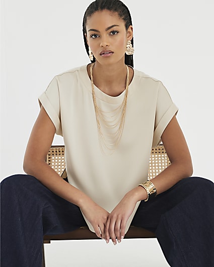 Beige Satin Short Sleeve Turn Up Cuff T-shirt