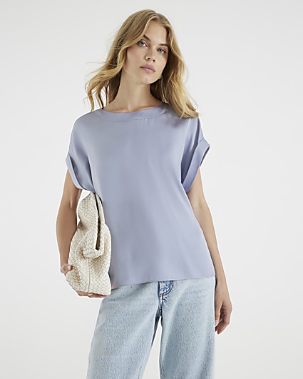 Blue Satin Turn Back Cuff T-Shirt