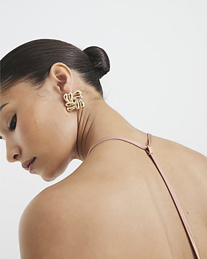 Gold Bubble Textured Square Stud Earrings
